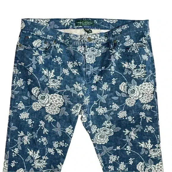 RALPH LAUREN LRL JEANS CO BLUE & CREAM FLORAL SLIM STRETCH ANKLE JEANS Size 12P - Picture 2 of 6